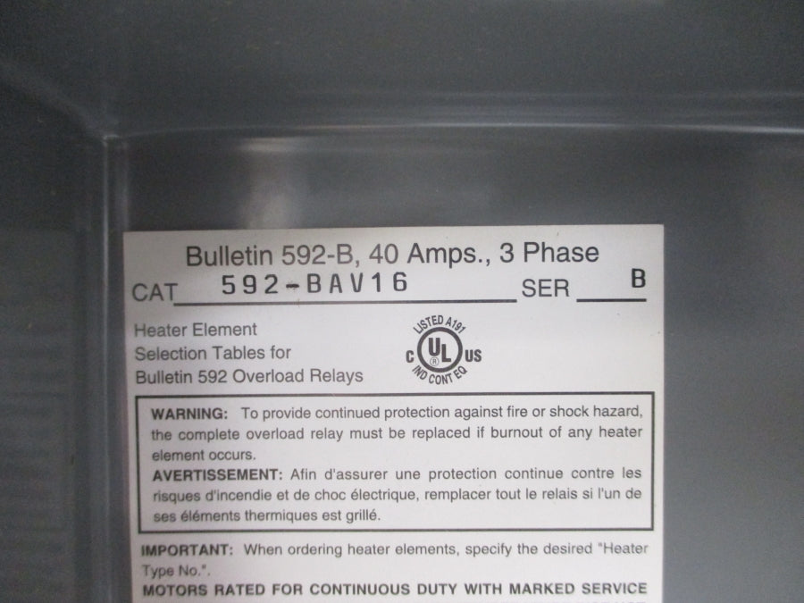 ALLEN BRADLEY 592-BAV16 SER. B 40A (BR/WH) NSMP
