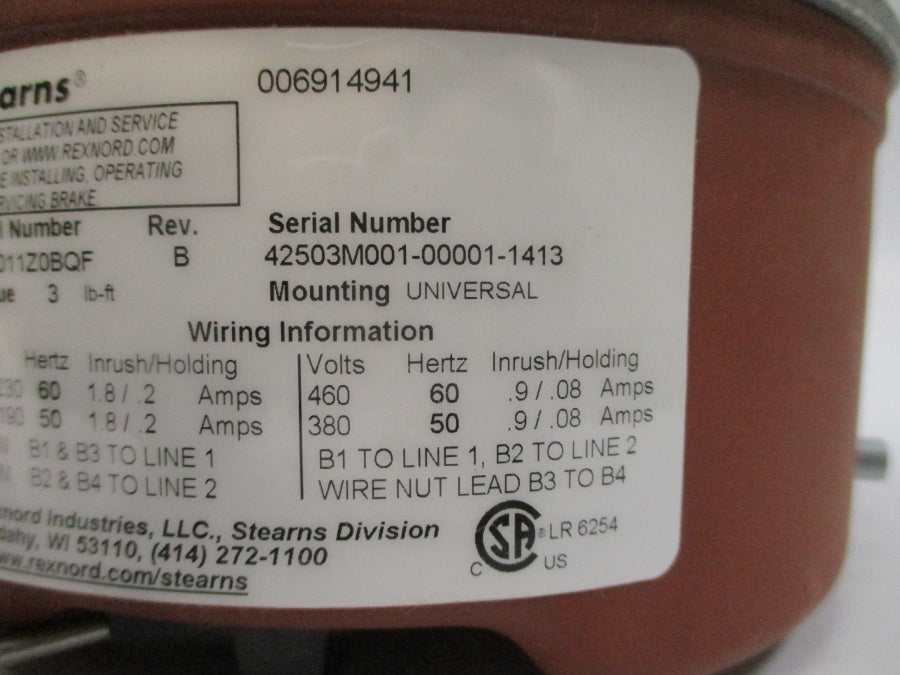 STEARNS 1056011Z0BQF 208-230/460V 1.8/.2A REV. B NSMP