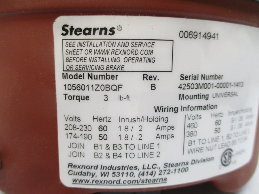 STEARNS 1056011Z0BQF 208-230/460V 1.8/.2A REV. B NSMP