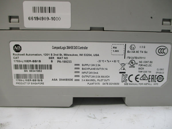 ALLEN BRADLEY 1769-L16ER-BB1B SER. B F/W 1.005 24V 2.3A REMAN