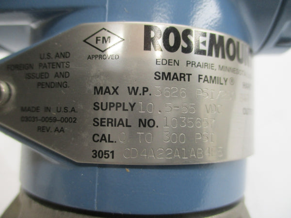 ROSEMOUNT 3051CD4A22A1AB4E5 10.5-55VDC 3626PSI NSMP