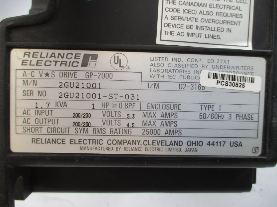 RELIANCE ELECTRIC 2GU21001 GP-2000 200/230VAC 4.5/5.3A (NO COVER) UNMP