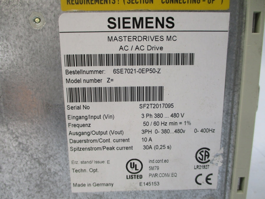SIEMENS 6SE7021-0EP50-Z 380-480VAC 10A UNMP