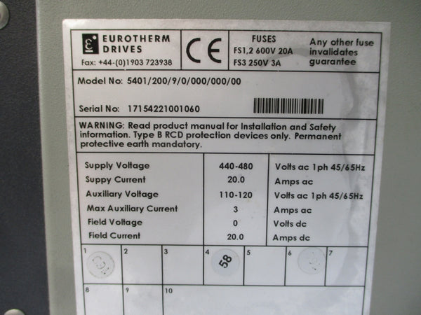 EUROTHERM 5401/200/9/0/000/000/00 440-480VAC 20.0A (AS PICTURED) UNMP