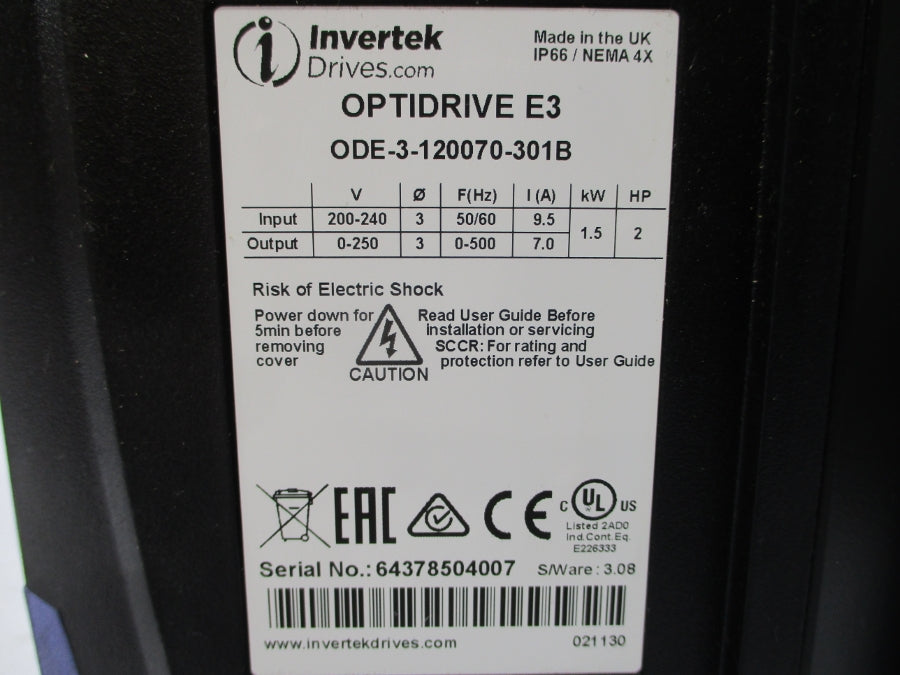 INVERTEK ODE-3-120070-301B 200-240V 9.5A UNMP