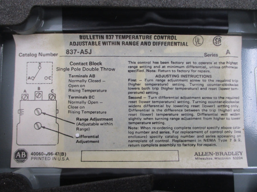 ALLEN BRADLEY 837-A5J SER. A 24-600VAC (BR/YL) NSMP
