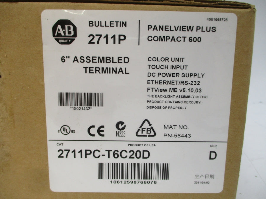 ALLEN BRADLEY 2711PC-T6C20D SER. D 24VDC NSMP