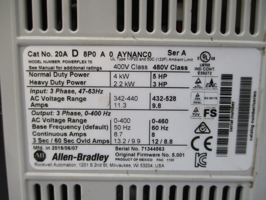 ALLEN BRADLEY 20AD8P0A0AYNANC0 SER. A F/W 5.001 480VAC 9.8A NSMP