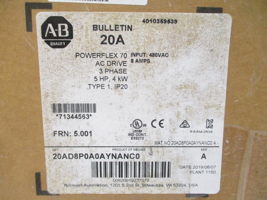 ALLEN BRADLEY 20AD8P0A0AYNANC0 SER. A F/W 5.001 480VAC 9.8A NSMP