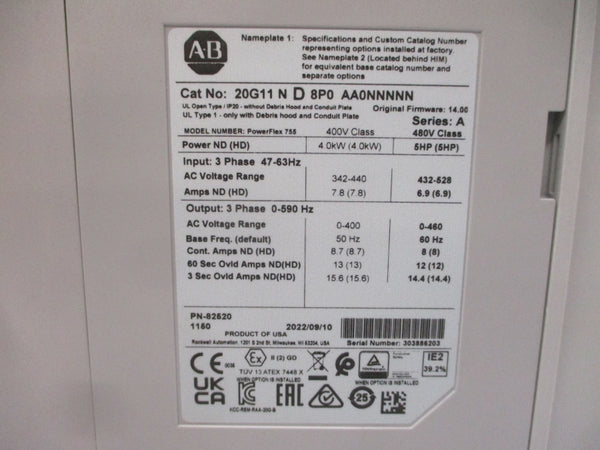 ALLEN BRADLEY 20G11ND8P0AA0NNNNN SER. A F/W 14.005 480VAC 11.5A NSMP