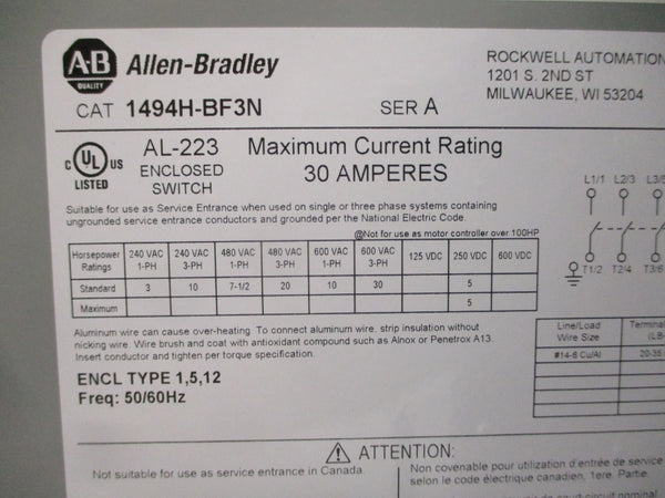 ALLEN BRADLEY 1494H-BF3N SER. A 600VAC 30A NSMP