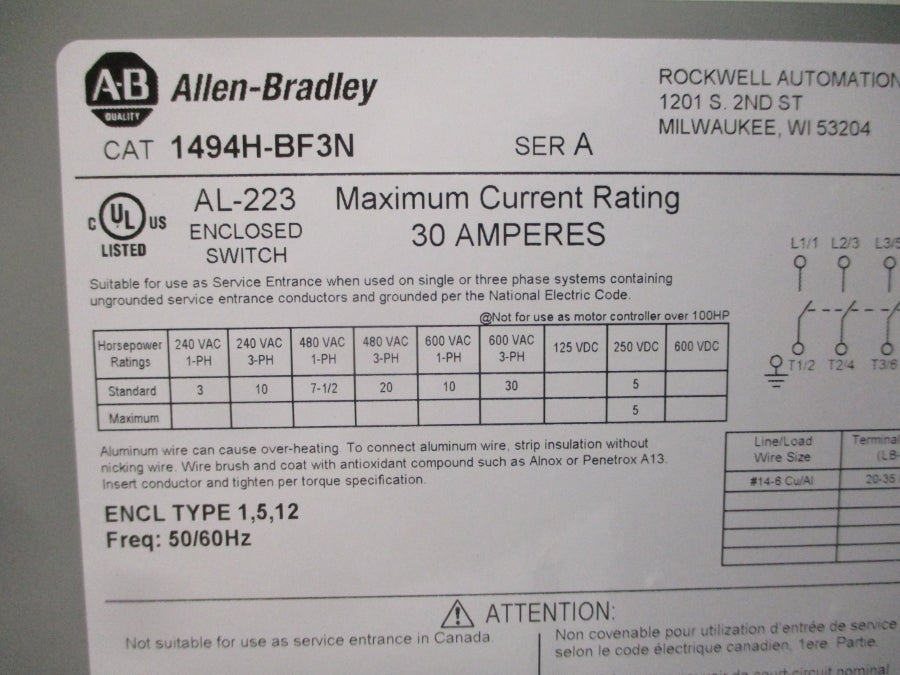 ALLEN BRADLEY 1494H-BF3N SER. A 600VAC 30A NSMP