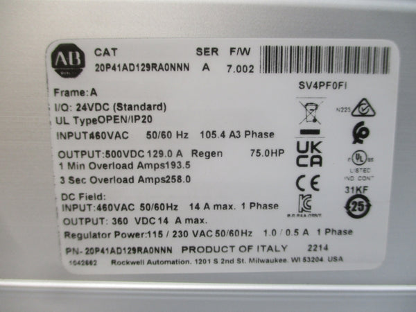 ALLEN BRADLEY 20P41AD129RA0NNN SER. A F/W 7.002 460VAC 129.0A NSMP