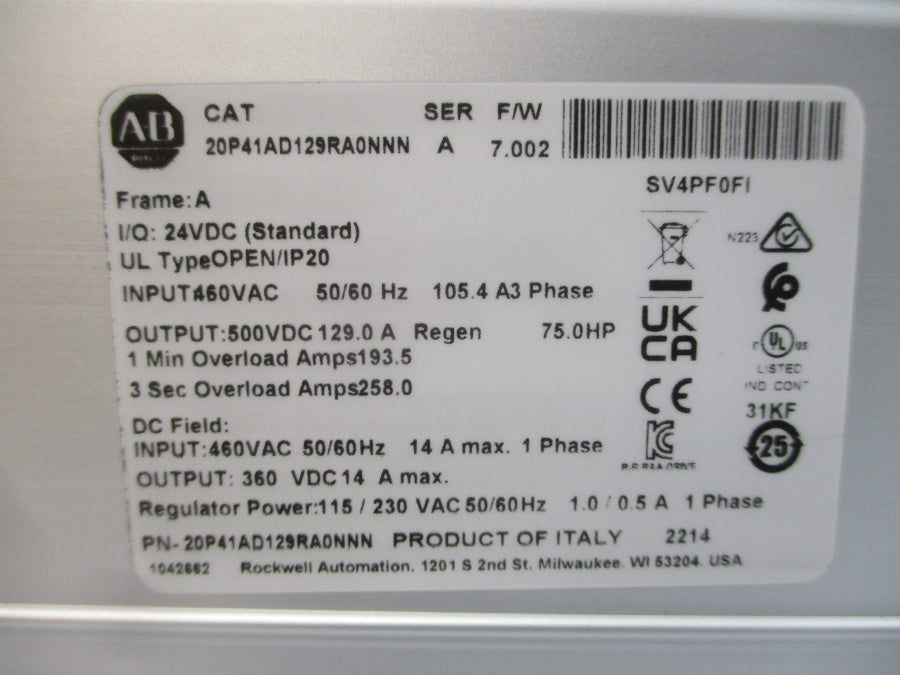 ALLEN BRADLEY 20P41AD129RA0NNN SER. A F/W 7.002 460VAC 129.0A NSMP