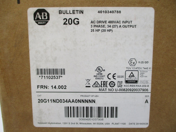 ALLEN BRADLEY 20G11ND034AA0NNNNN SER. A F/W 14.002 480VAC 34A NSMP