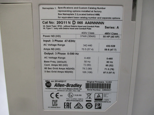 ALLEN BRADLEY 20G11ND065AA0NNNNN SER. A F/W 14.002 480VAC 65A REMAN