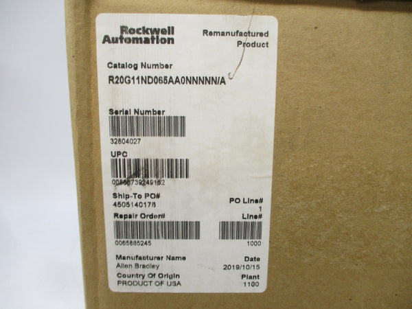ALLEN BRADLEY 20G11ND065AA0NNNNN SER. A F/W 14.002 480VAC 65A REMAN