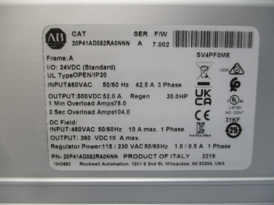 ALLEN BRADLEY 20P41AD052RA0NNN SER. A F/W 7.002 460VAC 52.0A NSMP
