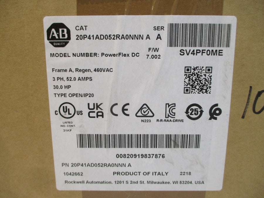 ALLEN BRADLEY 20P41AD052RA0NNN SER. A F/W 7.002 460VAC 52.0A NSMP