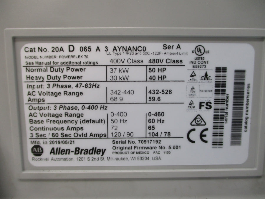 ALLEN BRADLEY 20AD065A3AYNANC0 SER. A F/W 5.001 480VAC 65A NSMP