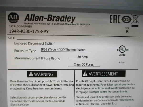 ALLEN BRADLEY 194R-KJ30-1753-PY SER. B 30A NSMP