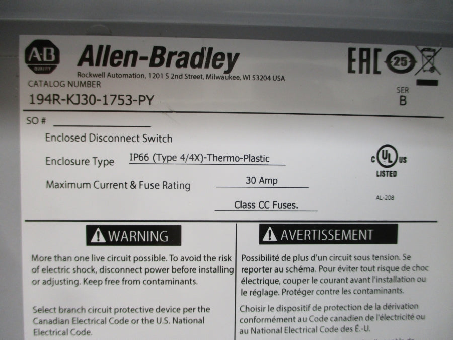 ALLEN BRADLEY 194R-KJ30-1753-PY SER. B 30A NSMP