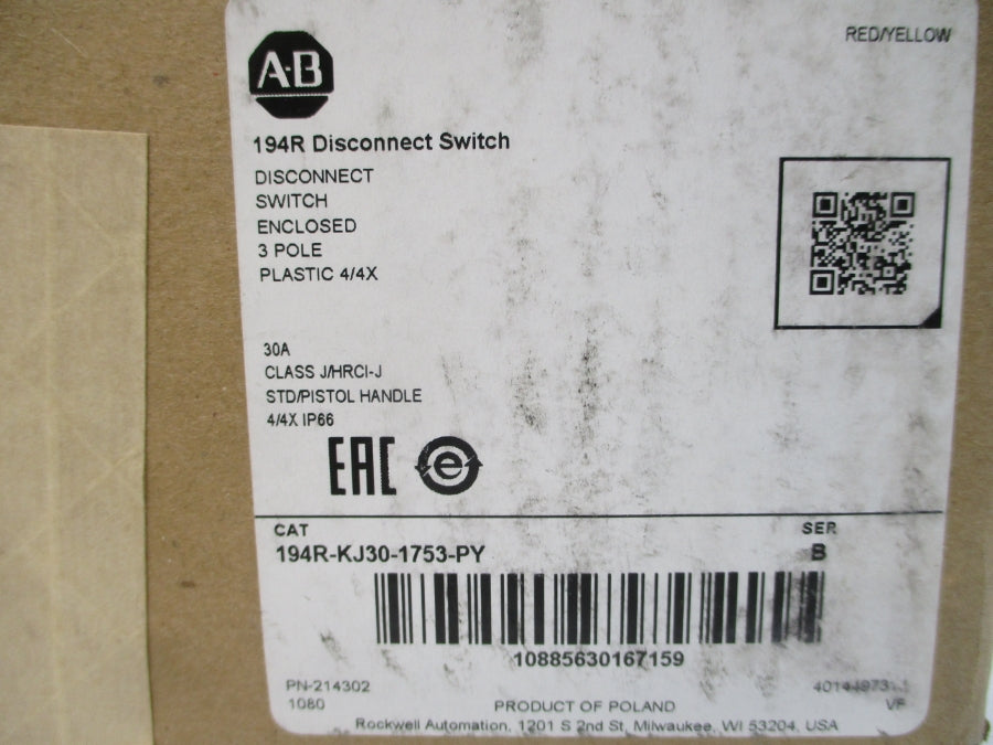 ALLEN BRADLEY 194R-KJ30-1753-PY SER. B 30A NSMP