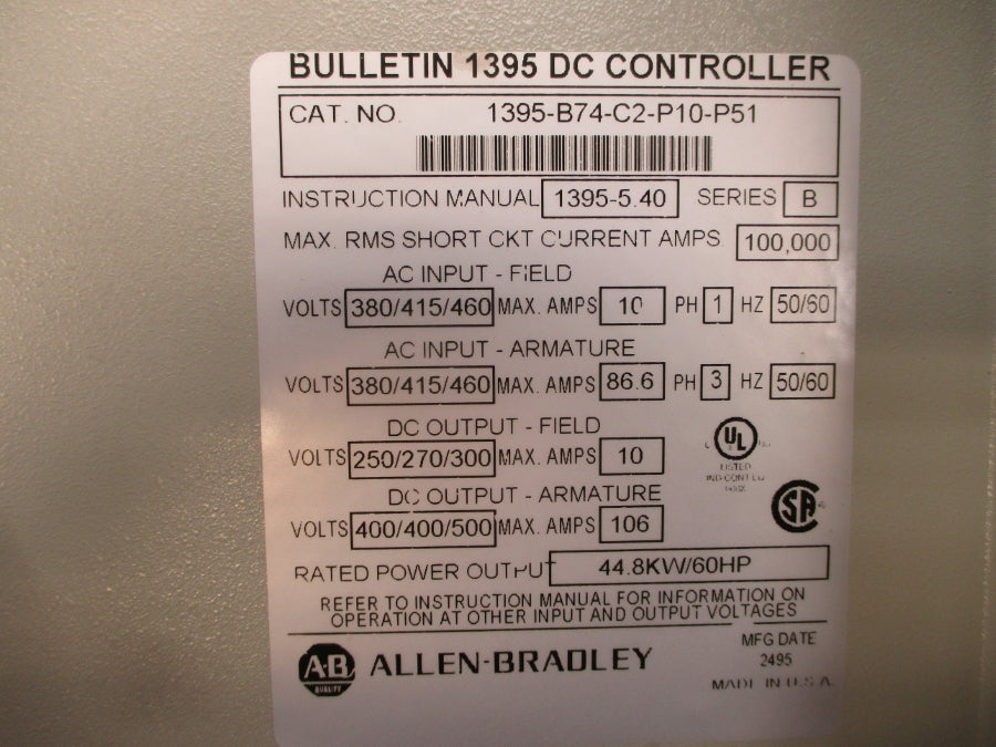 ALLEN BRADLEY 1395-B74-C2-P10-P51 SER. B 380/415/460VAC 86.6A UNMP