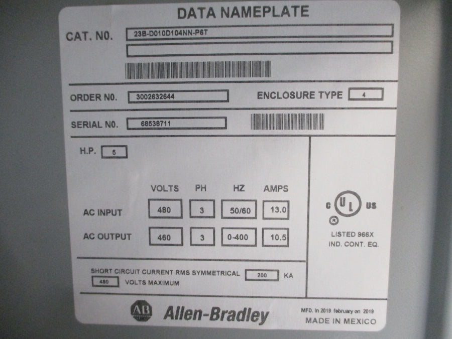 ALLEN BRADLEY 23B-D010D104NN-P6T 480VAC 13.0A NSNP