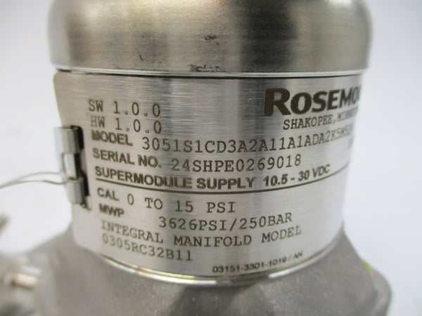 ROSEMOUNT 3051S1CD3A2A11A1ADA2K5M5Q4 10.5-30VDC 3626PSI NSMP