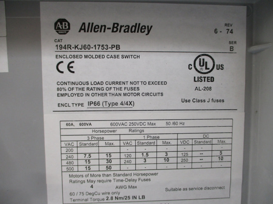 ALLEN BRADLEY 194R-KJ60-1753-PB SER. B 600VAC 60A NSMP