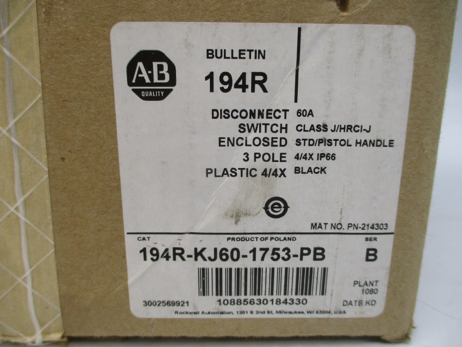 ALLEN BRADLEY 194R-KJ60-1753-PB SER. B 600VAC 60A NSMP