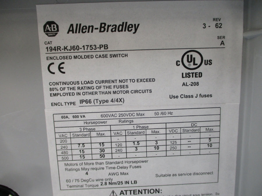 ALLEN BRADLEY 194R-KJ60-1753-PB SER. A 600VAC 60A NSMP