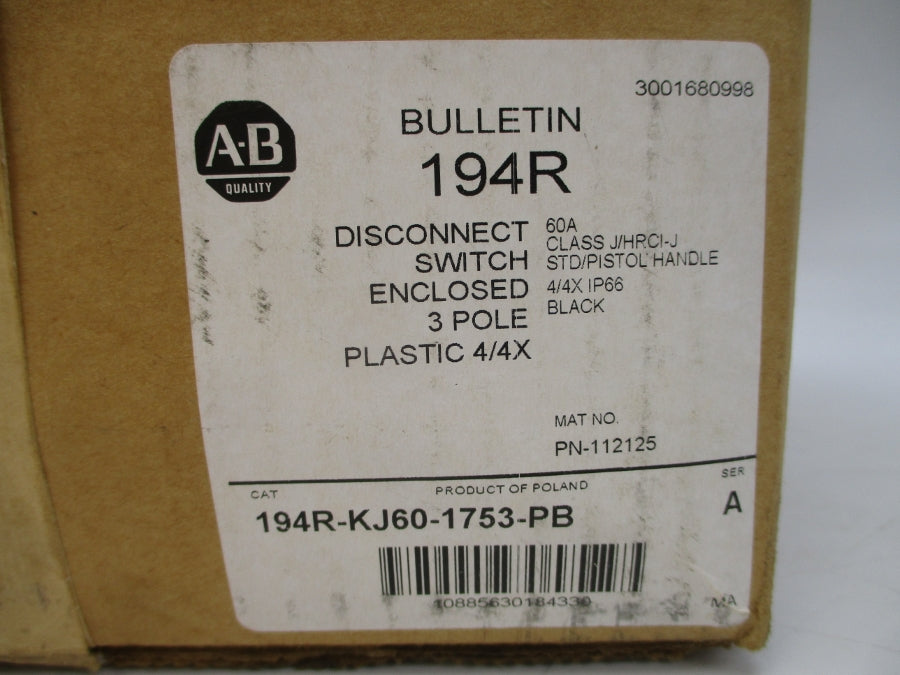 ALLEN BRADLEY 194R-KJ60-1753-PB SER. A 600VAC 60A NSMP