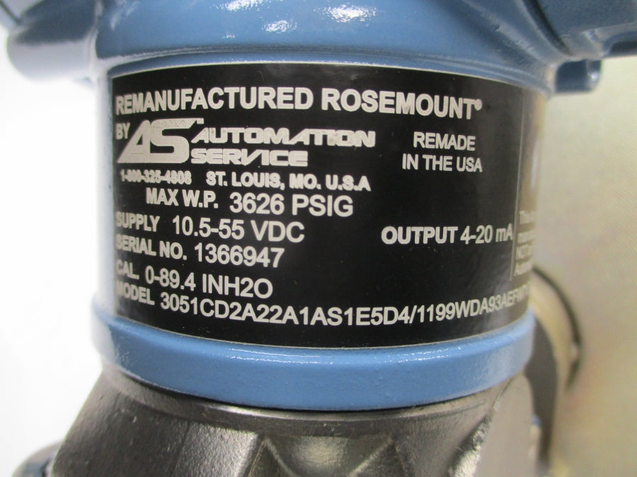 ROSEMOUNT 3051CD2A22A1AS1E5D4/1199WDA93AEFW71CA40 10.5-55VDC 3626PSI REMAN