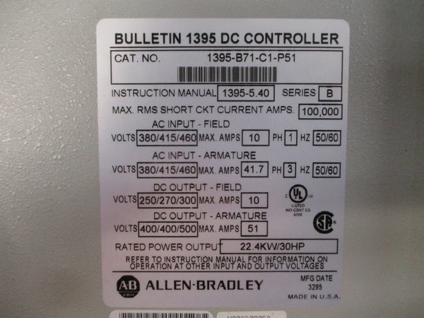 ALLEN BRADLEY 1395-B71-C1-P51 SER. B 380/415/460VAC 41.7A REMAN