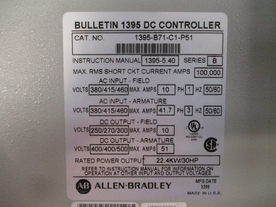 ALLEN BRADLEY 1395-B71-C1-P51 SER. B 380/415/460VAC 41.7A REMAN