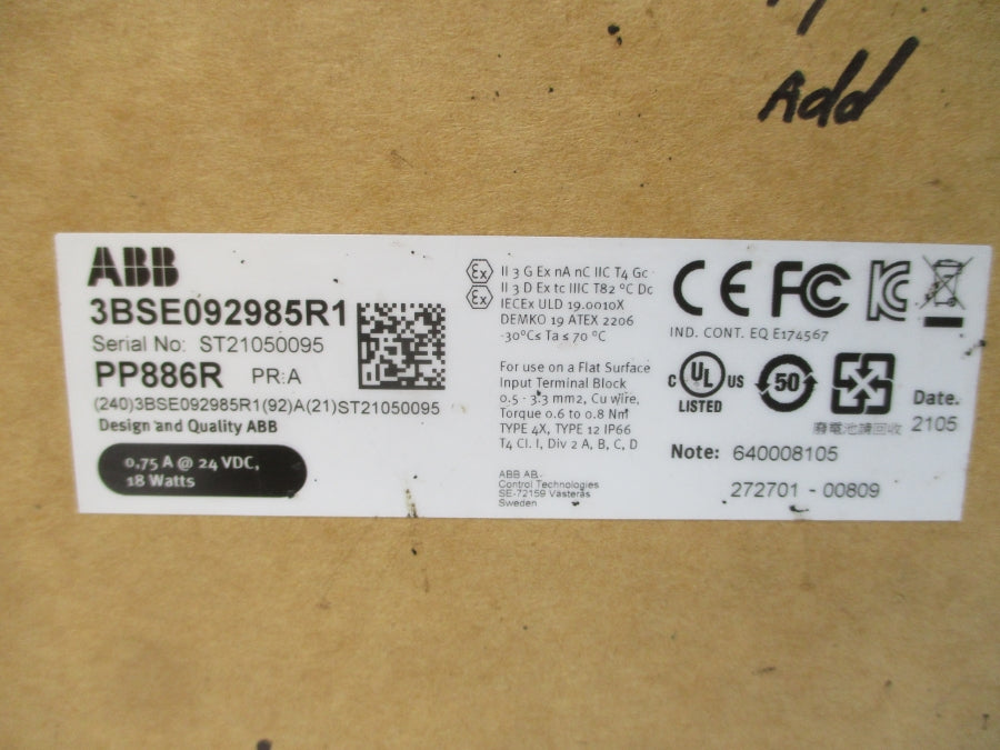 ABB PP886R 3BSE092985R1 24VDC 0.75A NSMP