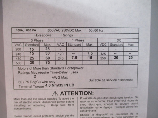 ALLEN BRADLEY 194R-KJ100P3-98 SER. A 600VAC 100A REV. 62 NSNP