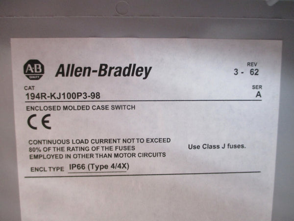 ALLEN BRADLEY 194R-KJ100P3-98 SER. A 600VAC 100A REV. 62 NSNP