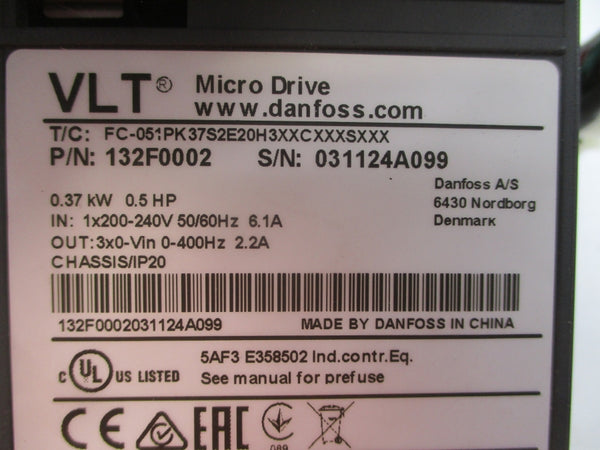 DANFOSS 132F0002 FC-051PK37S2E20H3XXCXXXSXXX 200-240V 6.1A (AS PICTURED) NSNP