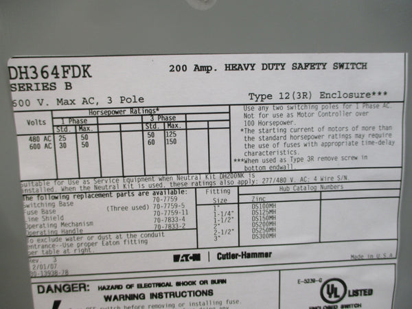 EATON DH364FDK SER. B 600VAC 200A NSMP
