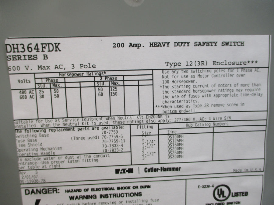 EATON DH364FDK SER. B 600VAC 200A NSMP