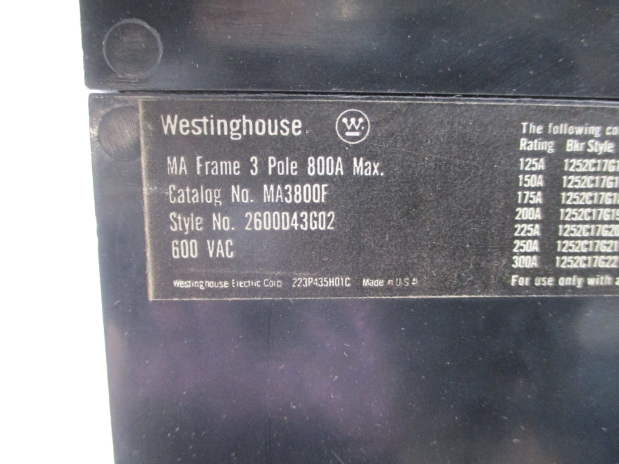 WESTINGHOUSE MA3800F 2600D43G02 600VAC 800A NSNP