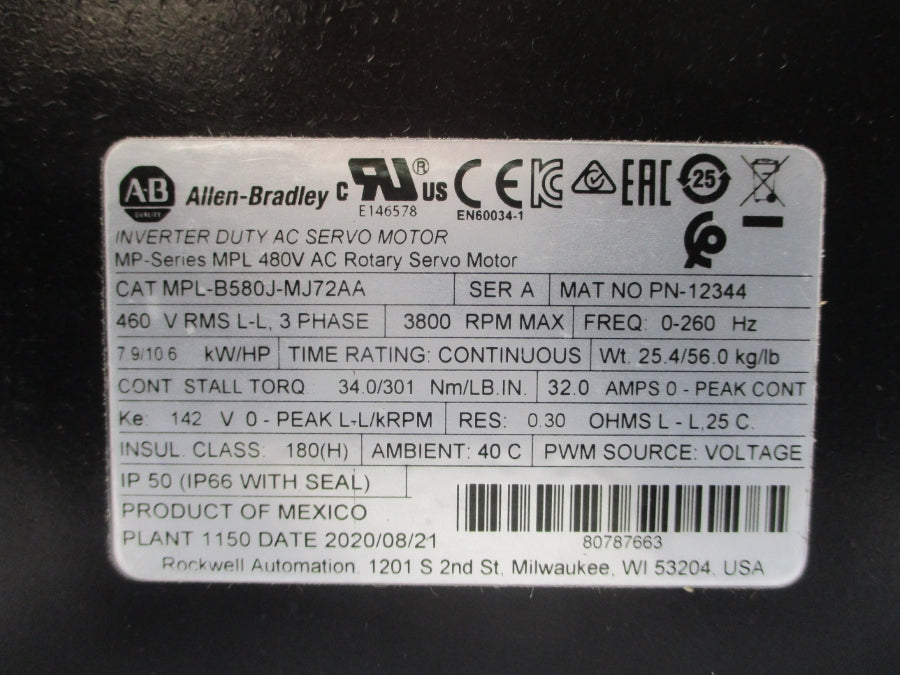 ALLEN BRADLEY MPL-B580J-MJ72AA SER. A 480VAC 32.0A NSNP
