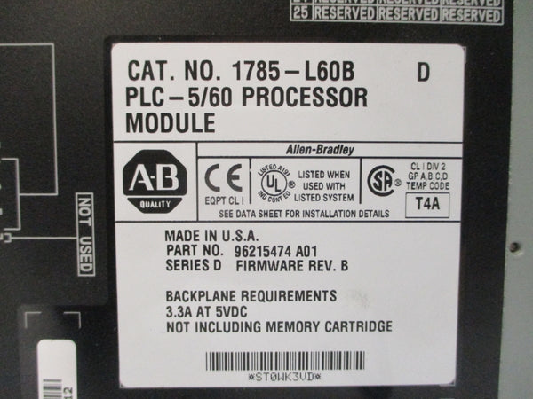 ALLEN BRADLEY 1785-L60B SER. D F/W B 5VDC 3.3A UNMP