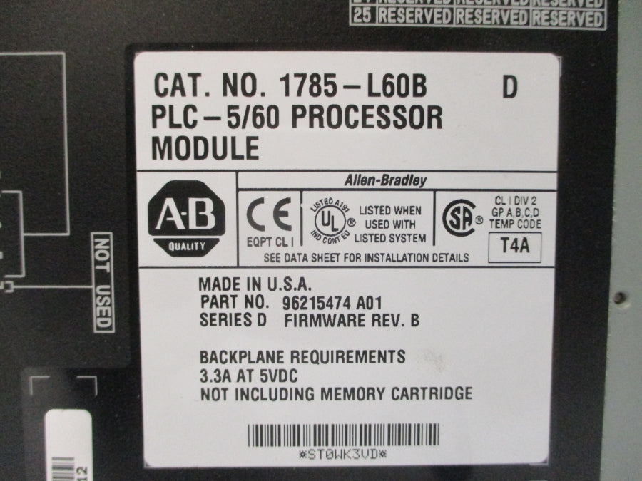 ALLEN BRADLEY 1785-L60B SER. D F/W B 5VDC 3.3A UNMP