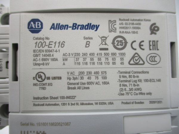 ALLEN BRADLEY 100-E116KD11 SER. B 100-250V 160A (BR/WH) NSMP