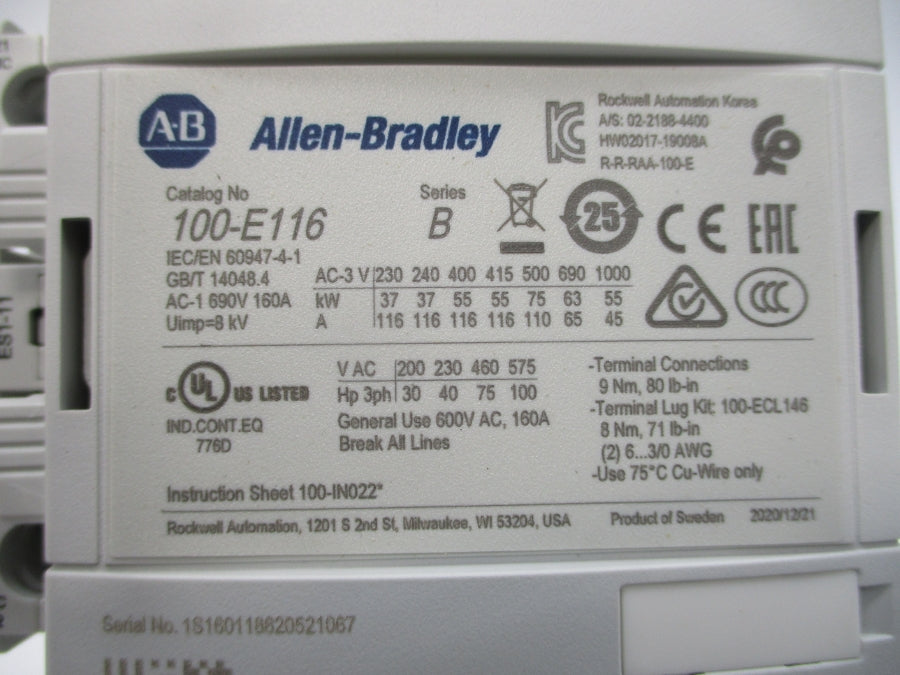 ALLEN BRADLEY 100-E116KD11 SER. B 100-250V 160A (BR/WH) NSMP
