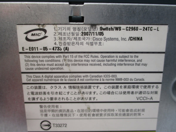 CISCO WS-C2960-24TC-L 100-240V 1.3-.8A UNMP